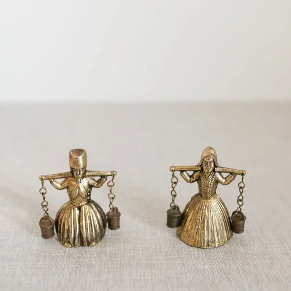 Vintage Brass Bell Water Carrier Figurines Pair Collectible - Picture 10 of 11